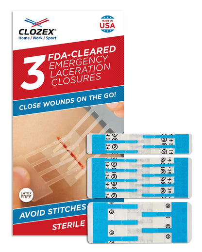 Clozex Emergency Laceration Closure Only- Close Wounds Without Stitches with This Surgical-Grade Skin Device. Available in 3 Variations for Wounds up to 1.0” or 3.5”. Life Happens, Be Ready!