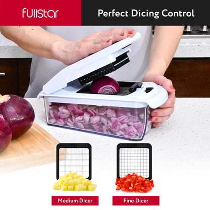 Fullstar Mandoline Slicer for Kitchen - Vegetable Chopper, Onion Potato Food Veggie Fruit Slicer and Cutter with Container, Kitchen Gadgets & Gifts, Home Essentials (10-in-1, White/Black)