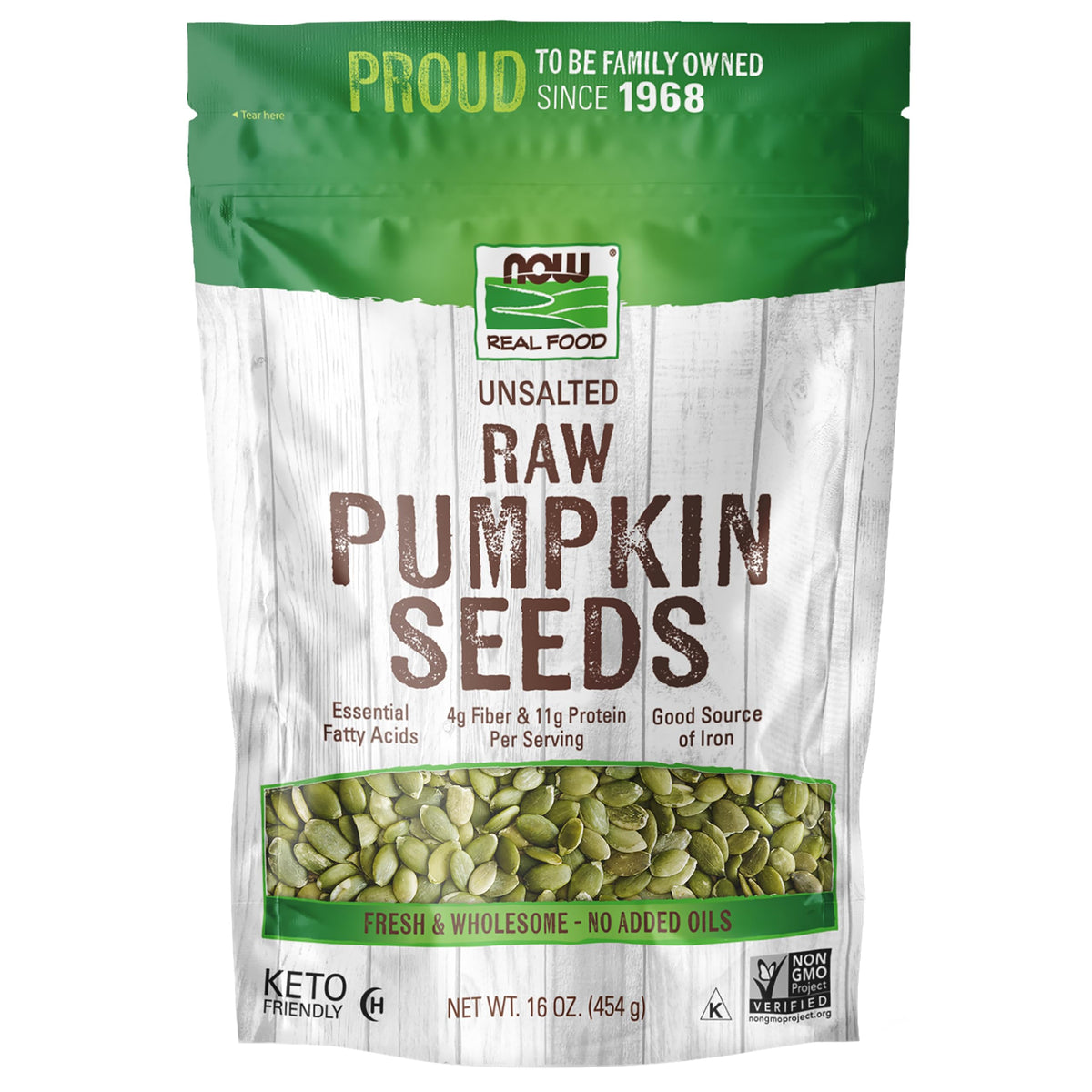 NOW Foods, Pumpkin Seeds, Raw and Unsalted, Essential Fatty Acids, Rich in Iron, Excellent Source of Protein, Certified Non-GMO, 1-Pound (Packaging May Vary)
