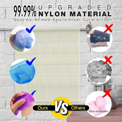 UJFQBH 3 Pieces African Bath Sponge African Net Long Net Bath Sponge Exfoliating Shower Body Scrubber Back Scrubber Skin Smoother,Great for Daily Use (Pink,Yellow,Purple)