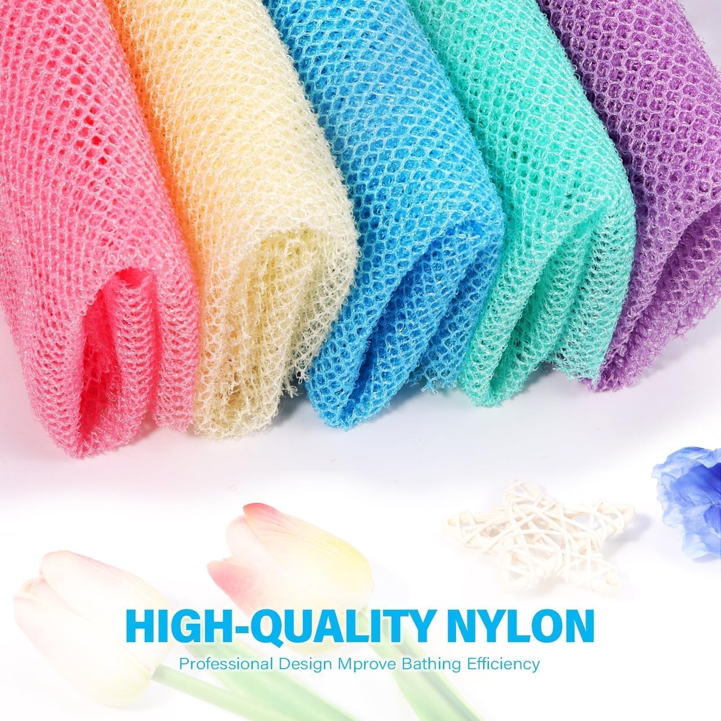 UJFQBH 3 Pieces African Bath Sponge African Net Long Net Bath Sponge Exfoliating Shower Body Scrubber Back Scrubber Skin Smoother,Great for Daily Use (Pink,Yellow,Purple)