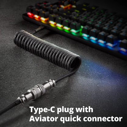 GUNMJO Pro Custom Coiled USB C Cable for Gaming Keyboard, Double-Sleeved Mechanical Keyboard Cable with Detachable Metal Aviator, 1.5M USB-C to USB-A, Carbon Black Color