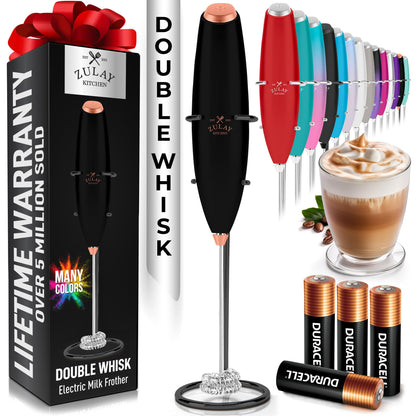 Zulay Kitchen Powerful Milk Frother Wand With 2 Duracell Batteries - Ultra Fast Handheld Drink Mixer - Electric Whisk Foam Maker for Coffee, Lattes, Cappuccino, Matcha, Hot Chocolate & Creamer - Black
