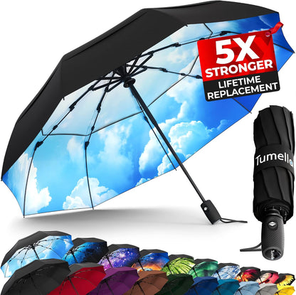 TUMELLA Strongest Windproof Travel Umbrella (Compact, 100MPH Wind-Tested), Light, Portable, One-Handed Use, Automatic Folding Rain Umbrella, Durable, Premium Grip, Fits Car & Backpack