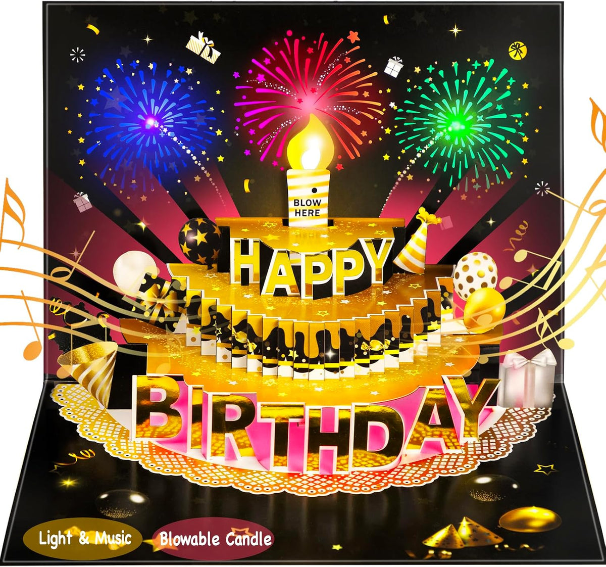 Pop Up Birthday Cards for Men, LED Light & Music Blow The Candle