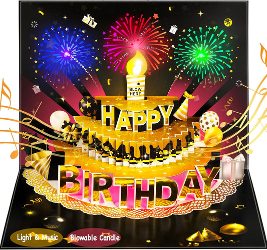 Pop Up Birthday Cards for Men, LED Light & Music Blow The Candle