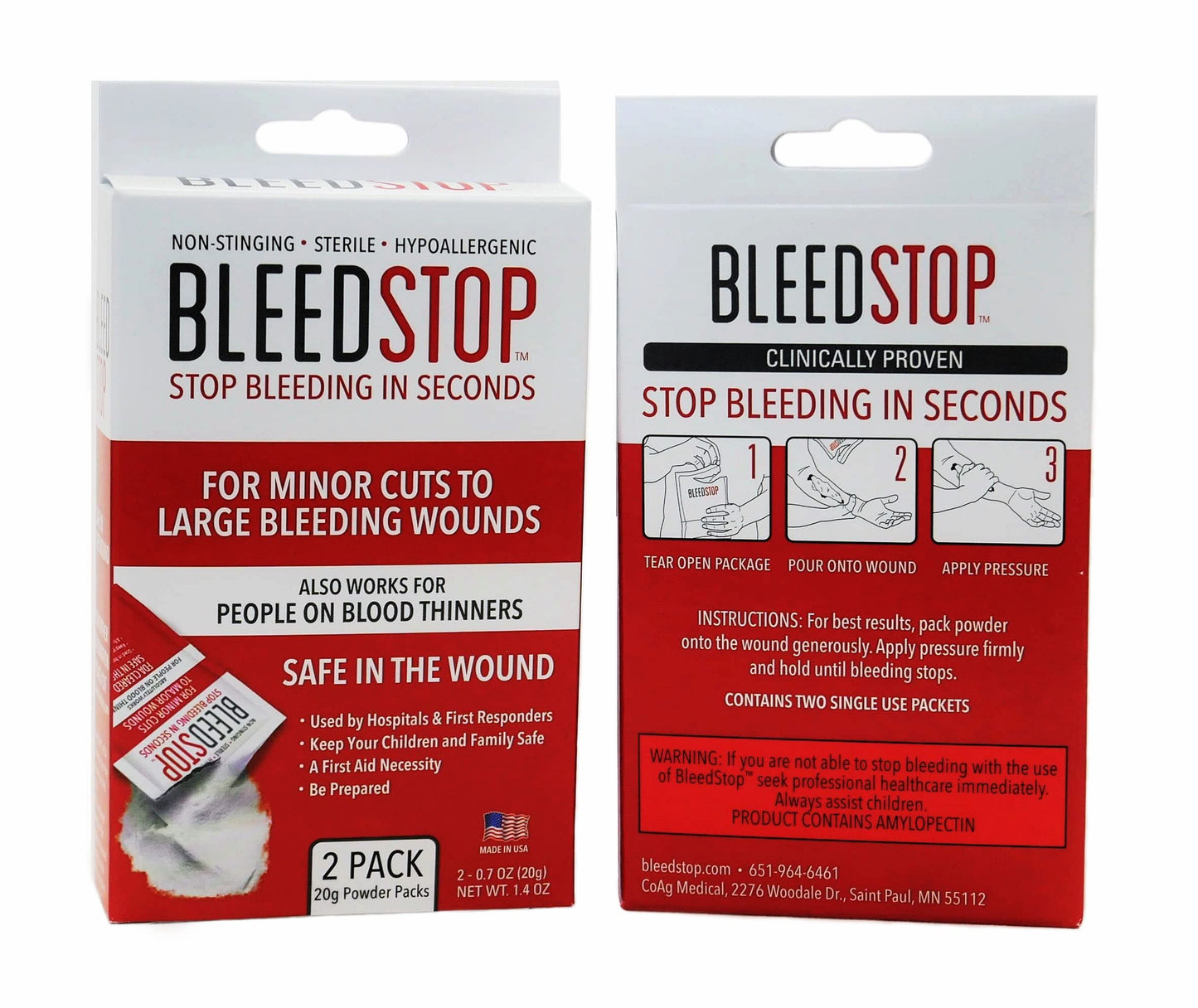 BleedStop™ First Aid Powder for Blood Clotting, Trauma Kit, Blood Thinner Patients, Camping Safety, and Survival Equipment for Moderate to Severe Bleeding Wounds or Nosebleeds - 4 (15g) Pouches