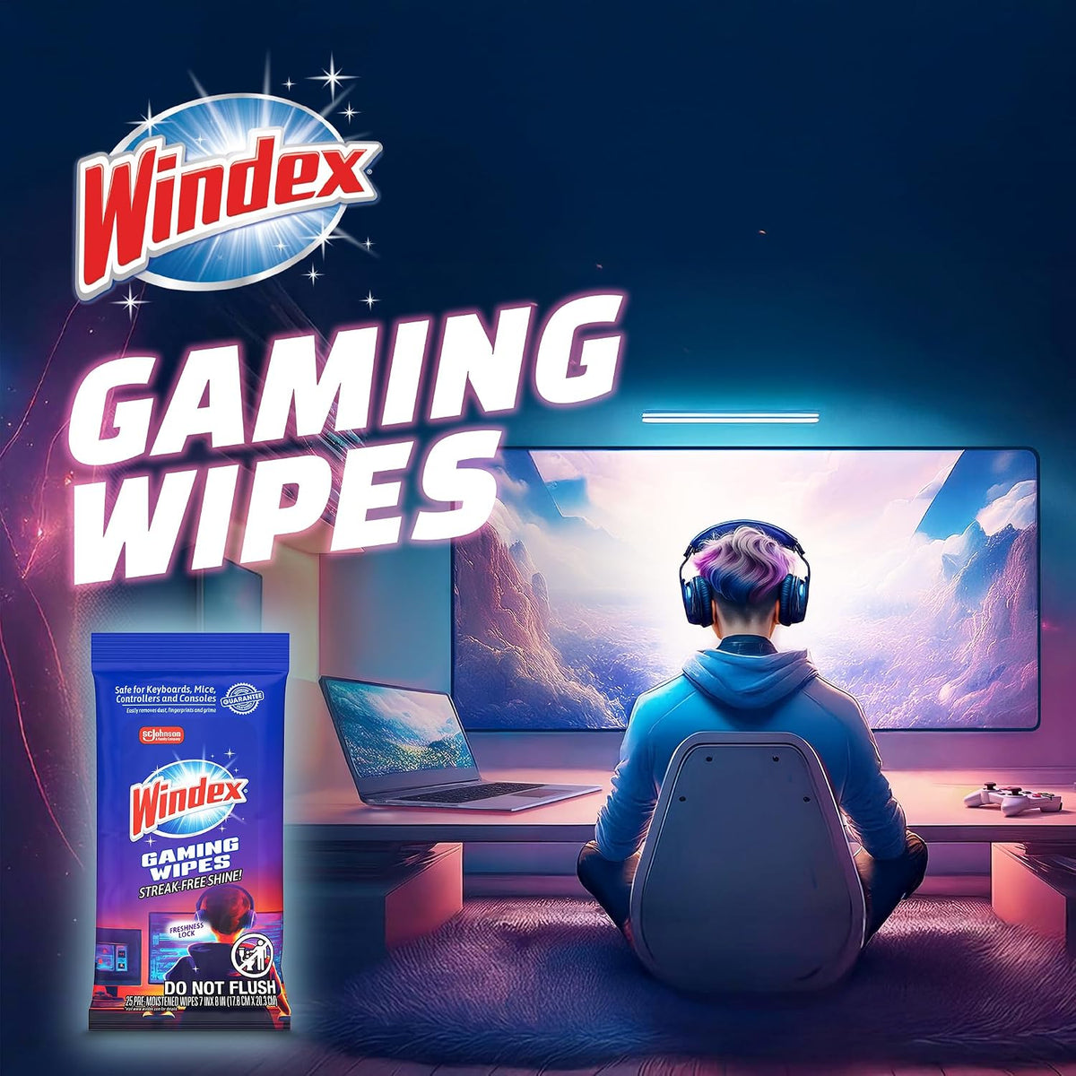 Windex Gaming Cleaning Wipes, Pre-Moistened Wipes to Instantly Clean all Gaming Gear and Electronics, Resealable Packaging for a Freshness Lock, 25 count (Pack of 1)
