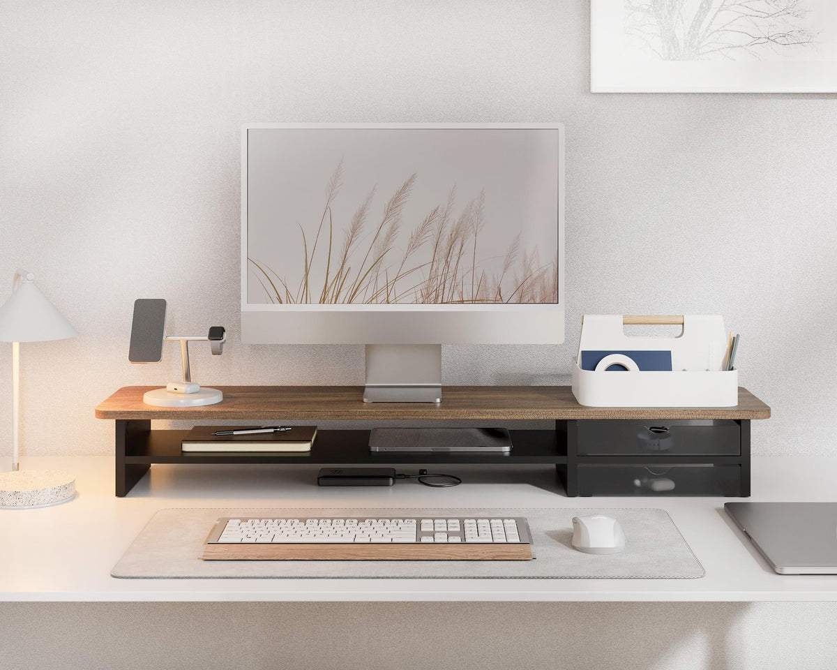 Fenge Monitor Stand, Desk Computer Riser with Frosted Storage Drawer, Oak