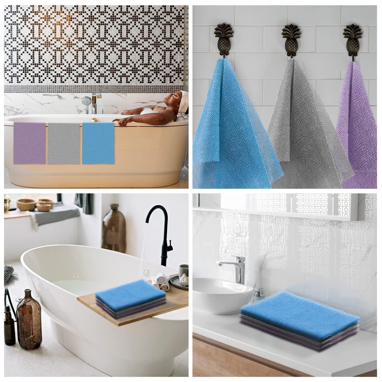 UJFQBH 3 Pieces African Bath Sponge African Net Long Net Bath Sponge Exfoliating Shower Body Scrubber Back Scrubber Skin Smoother,Great for Daily Use (Pink,Yellow,Purple)