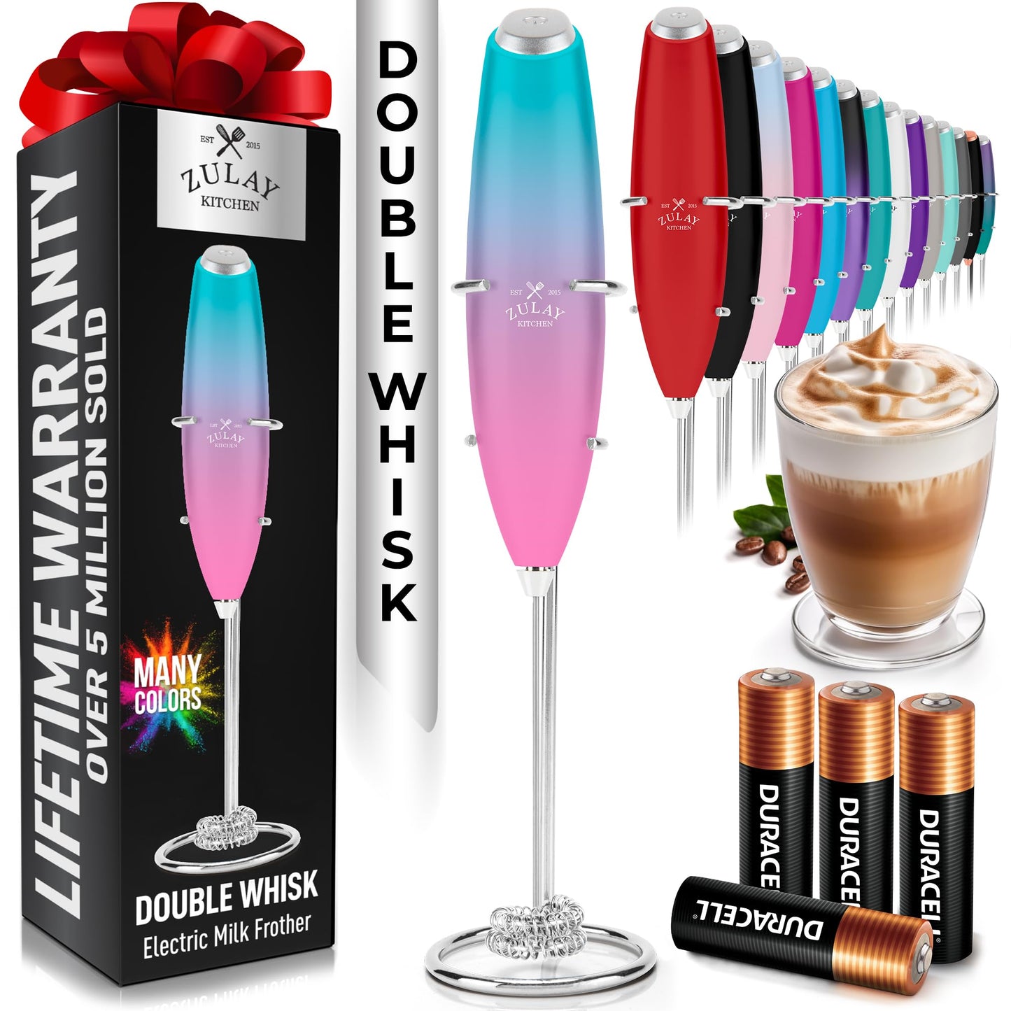 Zulay Kitchen Powerful Milk Frother Wand With 2 Duracell Batteries - Ultra Fast Handheld Drink Mixer - Electric Whisk Foam Maker for Coffee, Lattes, Cappuccino, Matcha, Hot Chocolate & Creamer - Black