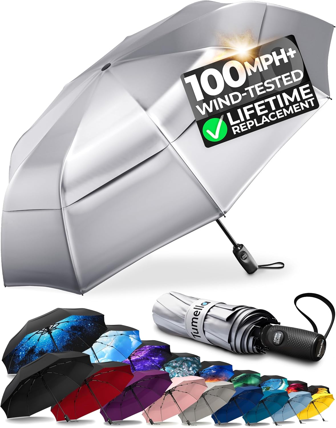 TUMELLA Strongest Windproof Travel Umbrella (Compact, 100MPH Wind-Tested), Light, Portable, One-Handed Use, Automatic Folding Rain Umbrella, Durable, Premium Grip, Fits Car & Backpack
