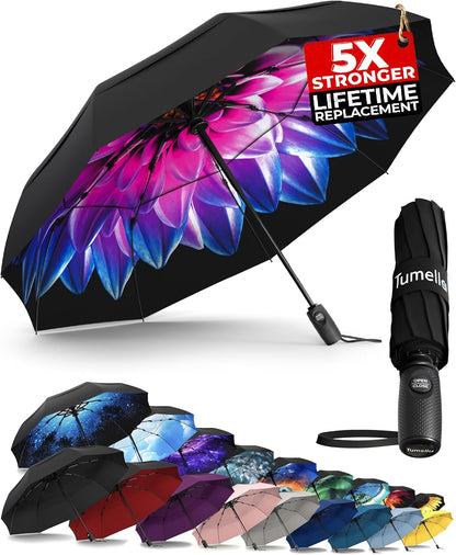 TUMELLA Strongest Windproof Travel Umbrella (Compact, 100MPH Wind-Tested), Light, Portable, One-Handed Use, Automatic Folding Rain Umbrella, Durable, Premium Grip, Fits Car & Backpack