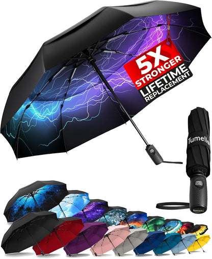 TUMELLA Strongest Windproof Travel Umbrella (Compact, 100MPH Wind-Tested), Light, Portable, One-Handed Use, Automatic Folding Rain Umbrella, Durable, Premium Grip, Fits Car & Backpack
