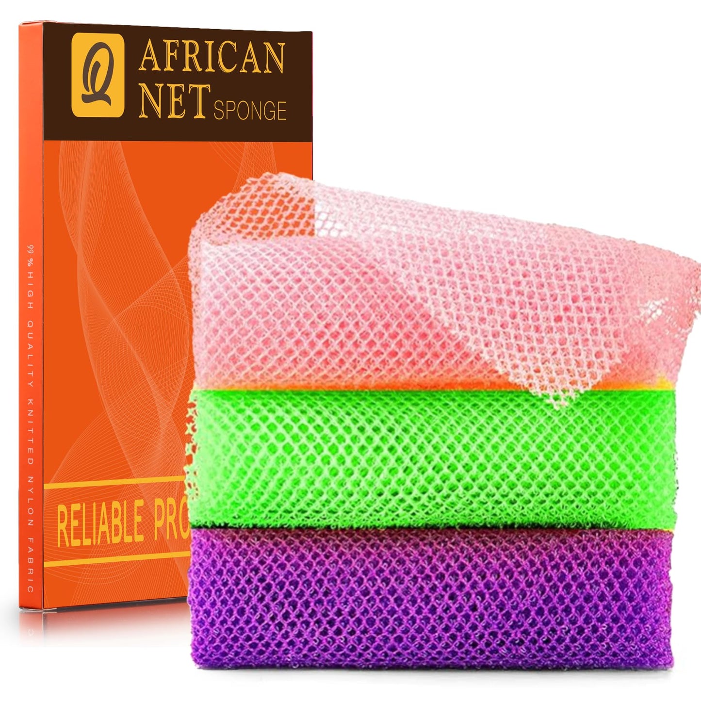 UJFQBH 3 Pieces African Bath Sponge African Net Long Net Bath Sponge Exfoliating Shower Body Scrubber Back Scrubber Skin Smoother,Great for Daily Use (Pink,Yellow,Purple)