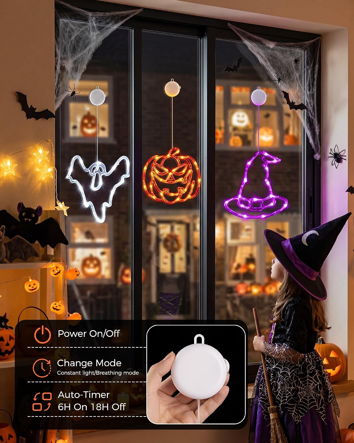 Minetom 3 Pack Halloween Windows Lights - Pumpkin, Ghost, Hat with Timer