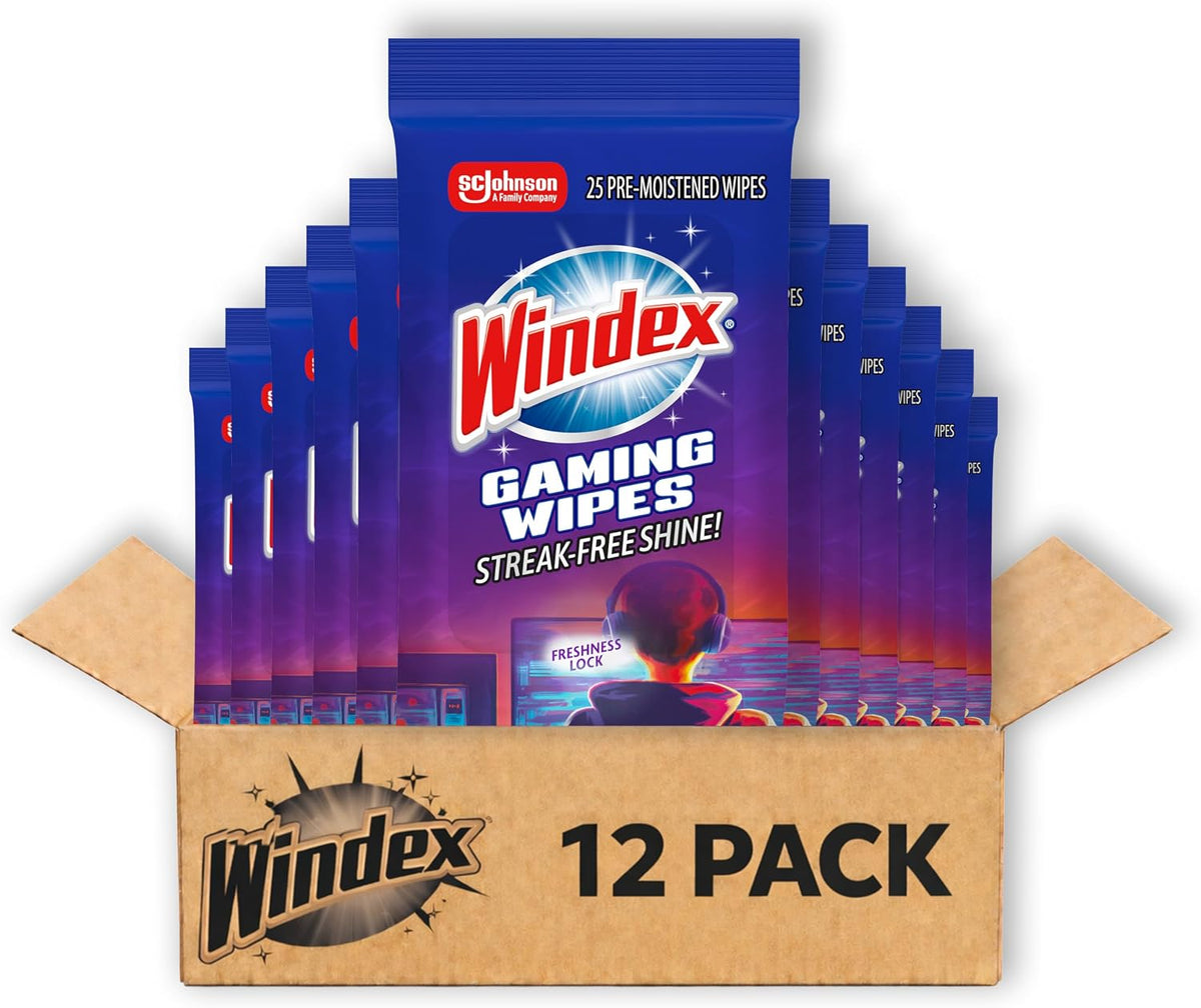 Windex Gaming Cleaning Wipes, Pre-Moistened Wipes to Instantly Clean all Gaming Gear and Electronics, Resealable Packaging for a Freshness Lock, 25 count (Pack of 1)
