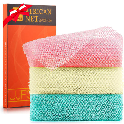 UJFQBH 3 Pieces African Bath Sponge African Net Long Net Bath Sponge Exfoliating Shower Body Scrubber Back Scrubber Skin Smoother,Great for Daily Use (Pink,Yellow,Purple)
