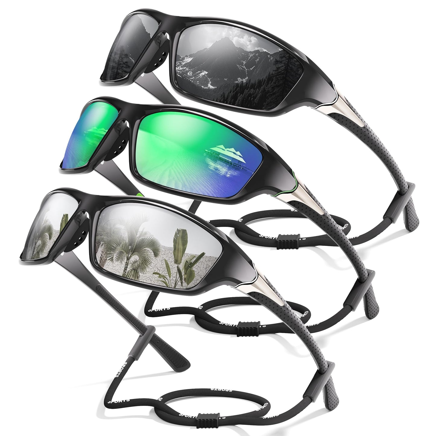 3 Pack Polarized Sports Sunglasses for Men, Mens Sunglasses Wrap Around UV400 Protection for Cycling Fishing Driving