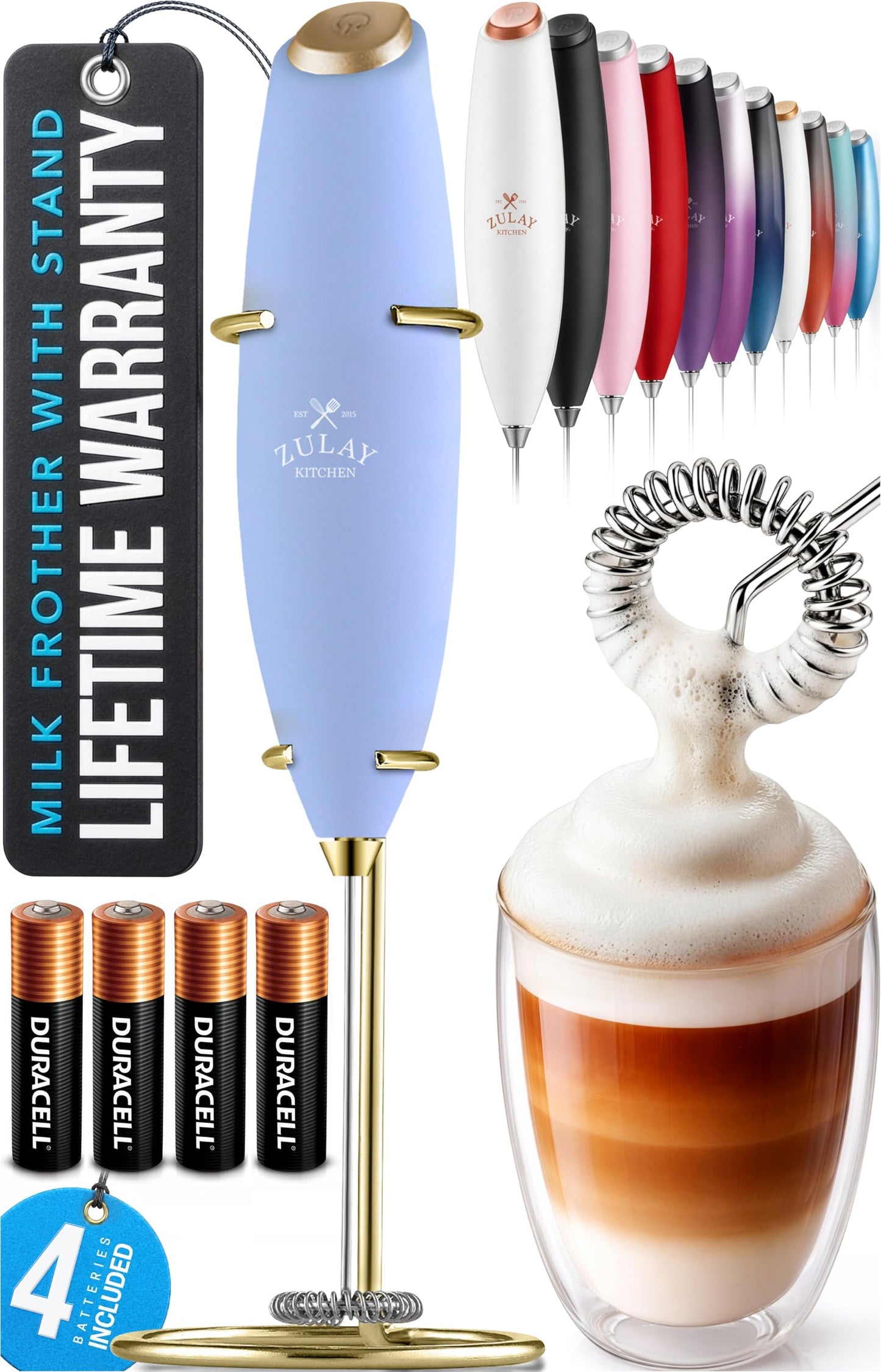 Zulay Kitchen Powerful Milk Frother Wand With 2 Duracell Batteries - Ultra Fast Handheld Drink Mixer - Electric Whisk Foam Maker for Coffee, Lattes, Cappuccino, Matcha, Hot Chocolate & Creamer - Black