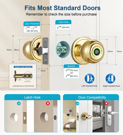 Fingerprint Door Lock, Smart Fingerprint Door Knob with Lock, Biometric Door Locks with App Control & Key, Keyless Thumbprint Entry Door Locks for Bedroom, Front Door, Home, Apartment-Silver