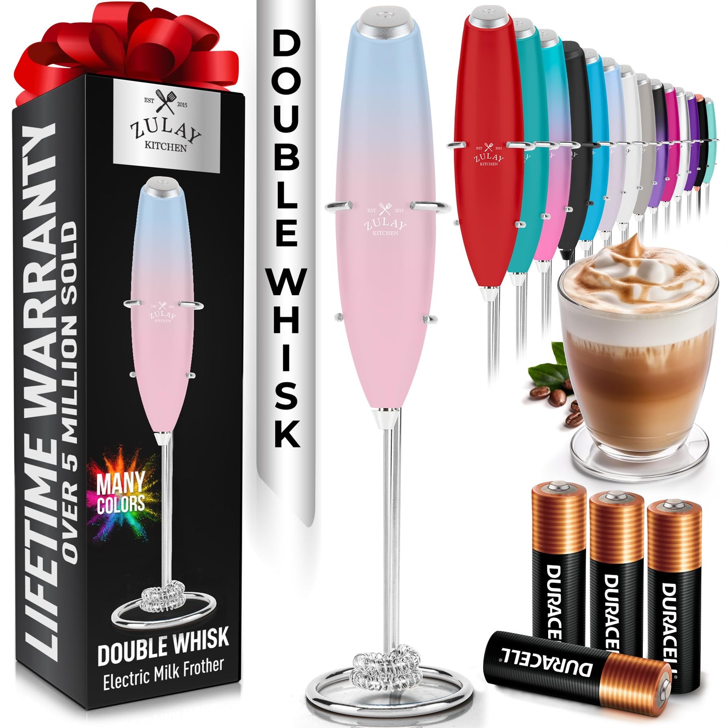 Zulay Kitchen Powerful Milk Frother Wand With 2 Duracell Batteries - Ultra Fast Handheld Drink Mixer - Electric Whisk Foam Maker for Coffee, Lattes, Cappuccino, Matcha, Hot Chocolate & Creamer - Black