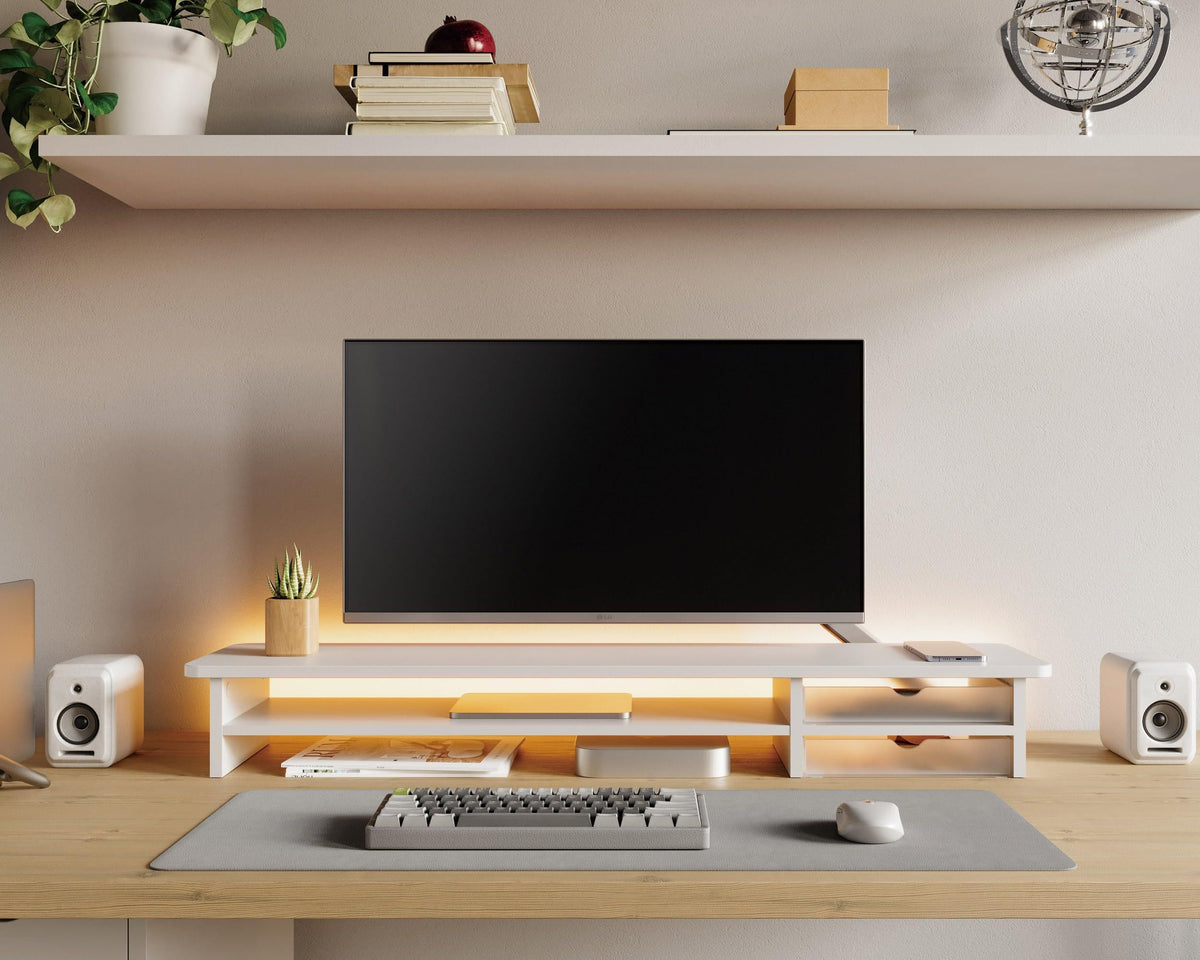 Fenge Monitor Stand, Desk Computer Riser with Frosted Storage Drawer, Oak