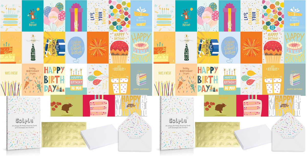 24 Pack Unique Gold Foil Birthday Cards with Envelopes & Stickers | 4x6 Inches Blank Happy Birthday Cards Assortment in Bulk for Family, Kids, Friends, Work & Office Celebrations.