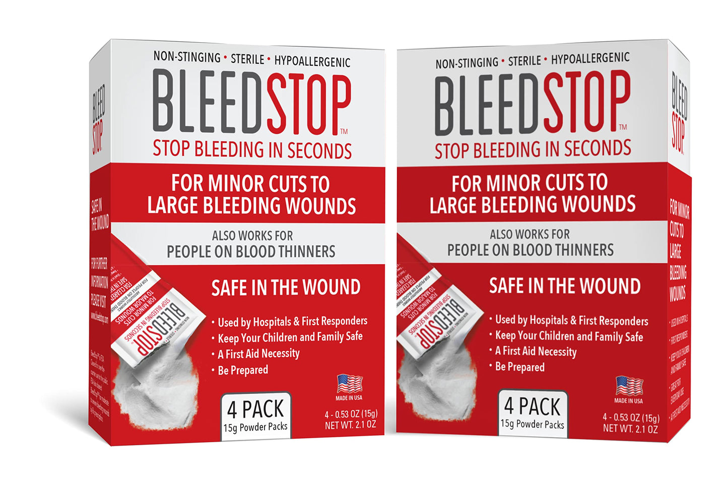 BleedStop™ First Aid Powder for Blood Clotting, Trauma Kit, Blood Thinner Patients, Camping Safety, and Survival Equipment for Moderate to Severe Bleeding Wounds or Nosebleeds - 4 (15g) Pouches