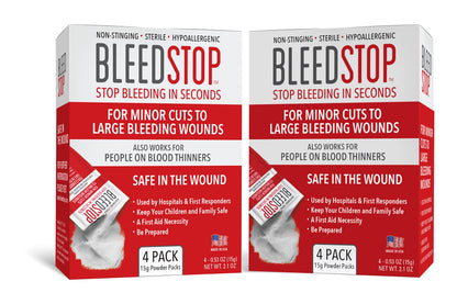 BleedStop™ First Aid Powder for Blood Clotting, Trauma Kit, Blood Thinner Patients, Camping Safety, and Survival Equipment for Moderate to Severe Bleeding Wounds or Nosebleeds - 4 (15g) Pouches