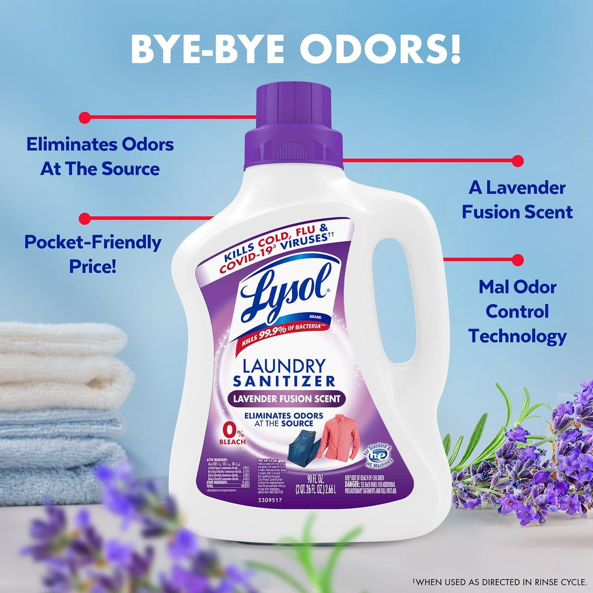 Lysol Laundry Sanitizer Liquid, Detergent Additive, Lavender, 90oz