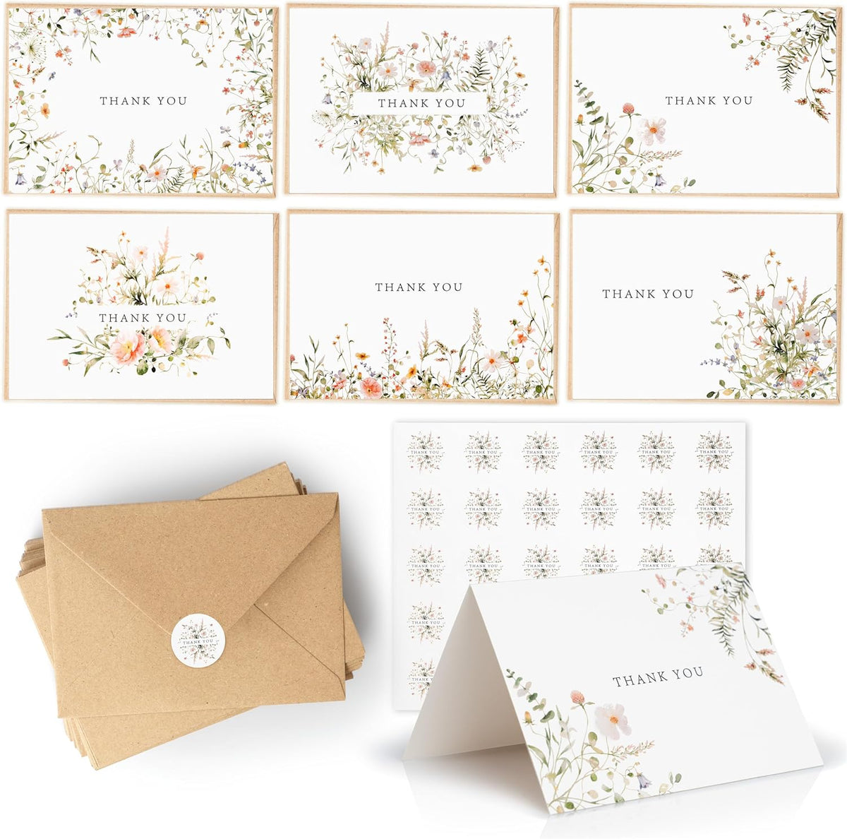 52-pack Floral Thank You Cards Bulk with Kraft Envelopes & Matching Stickers, 3.5x5 Inches, 6 Wildflower Designs | Perfect for Weddings, Baby & Bridal Showers, Graduations & Birthday