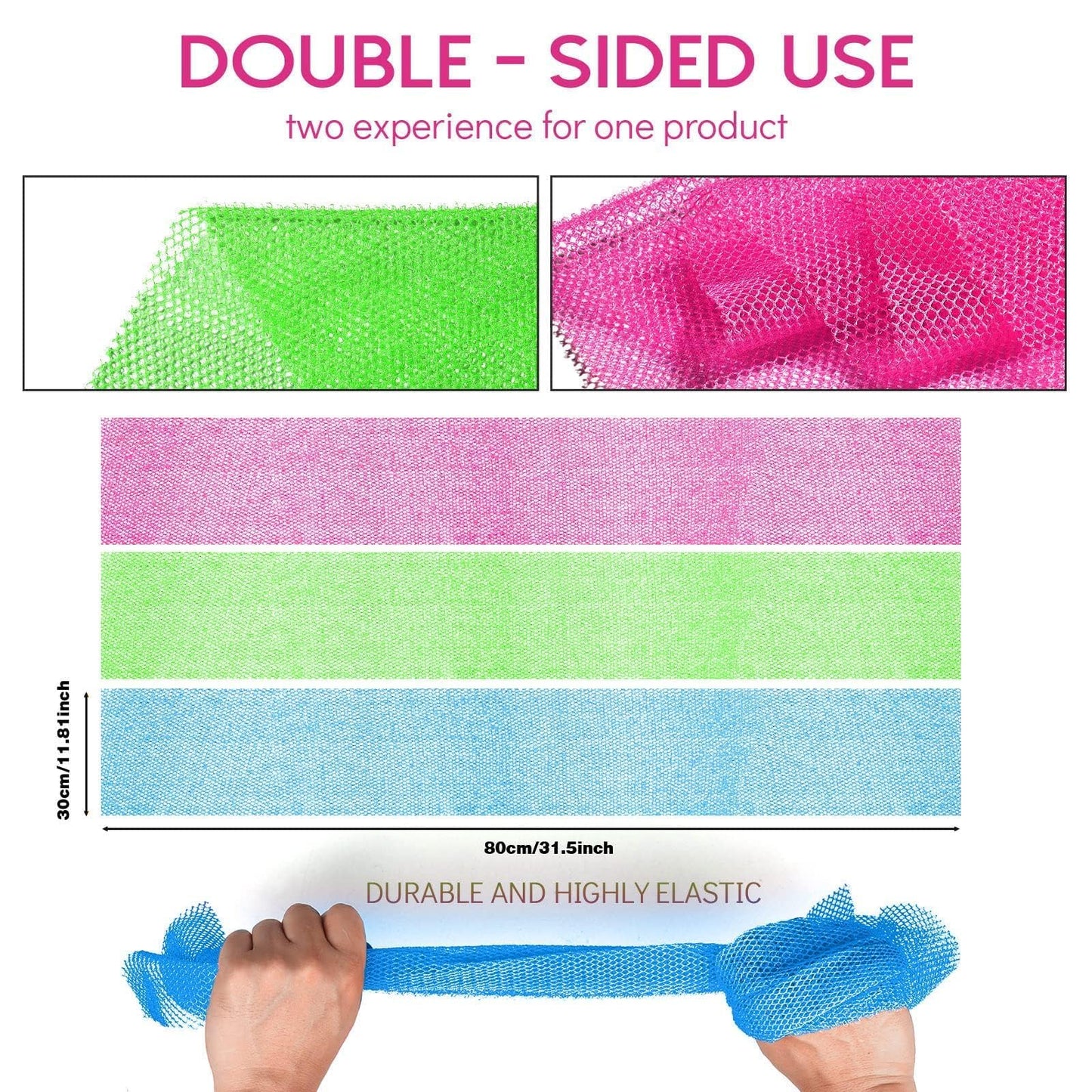 UJFQBH 3 Pieces African Bath Sponge African Net Long Net Bath Sponge Exfoliating Shower Body Scrubber Back Scrubber Skin Smoother,Great for Daily Use (Pink,Yellow,Purple)