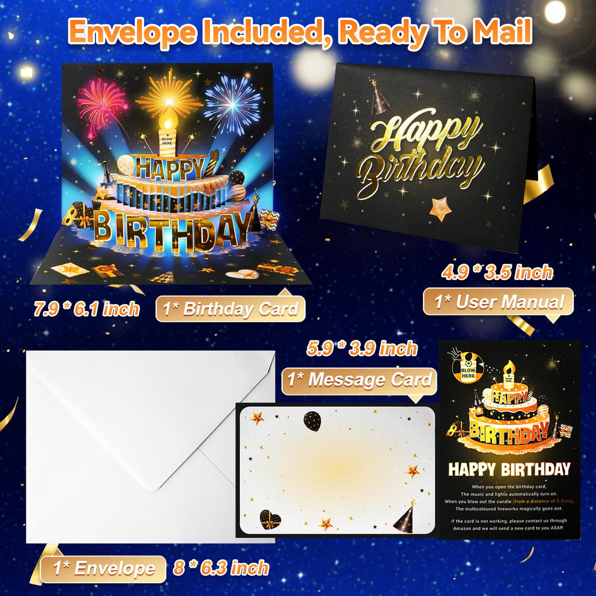 MZD8391 Pop Up Birthday Card with Music, Light, Firework For Men Women