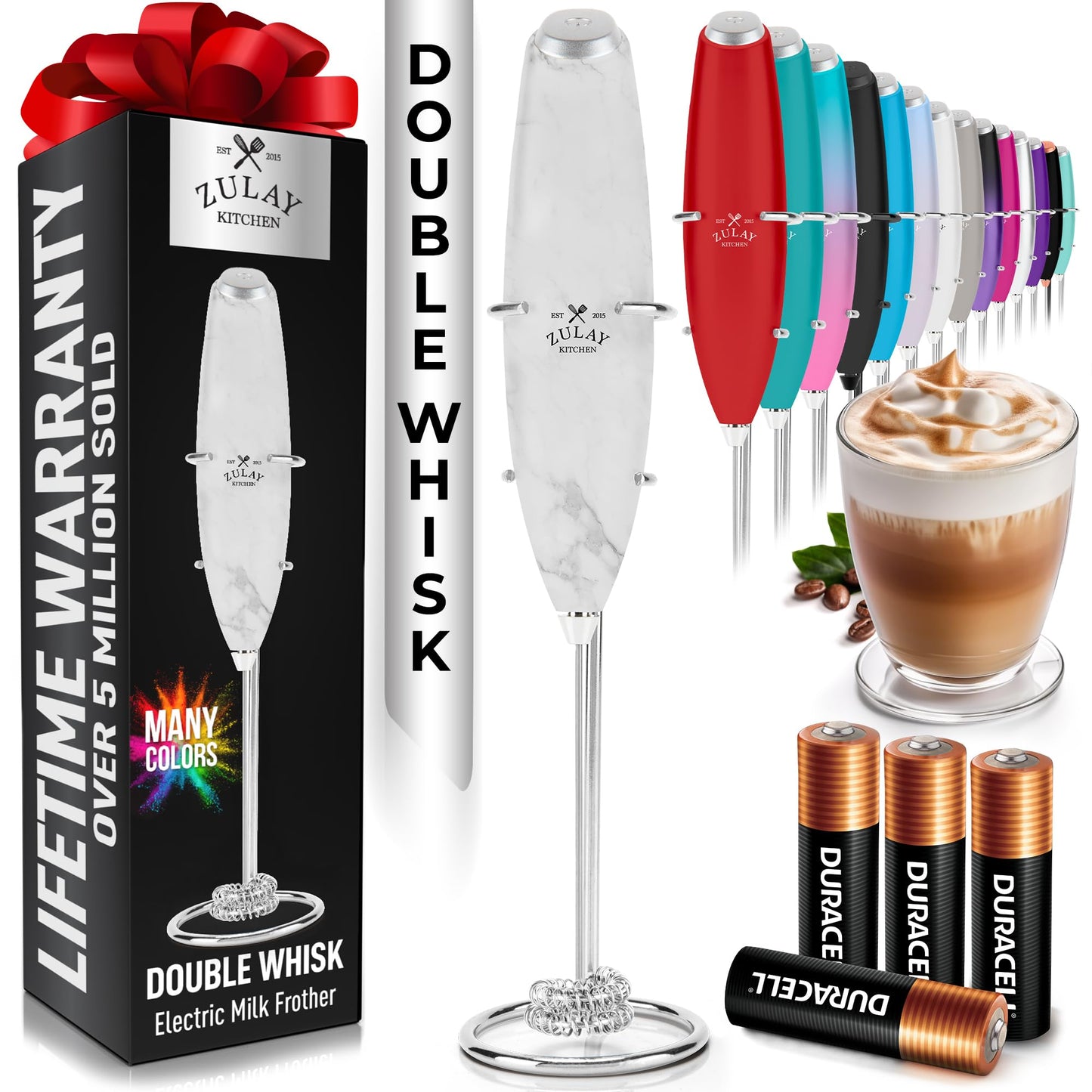 Zulay Kitchen Powerful Milk Frother Wand With 2 Duracell Batteries - Ultra Fast Handheld Drink Mixer - Electric Whisk Foam Maker for Coffee, Lattes, Cappuccino, Matcha, Hot Chocolate & Creamer - Black