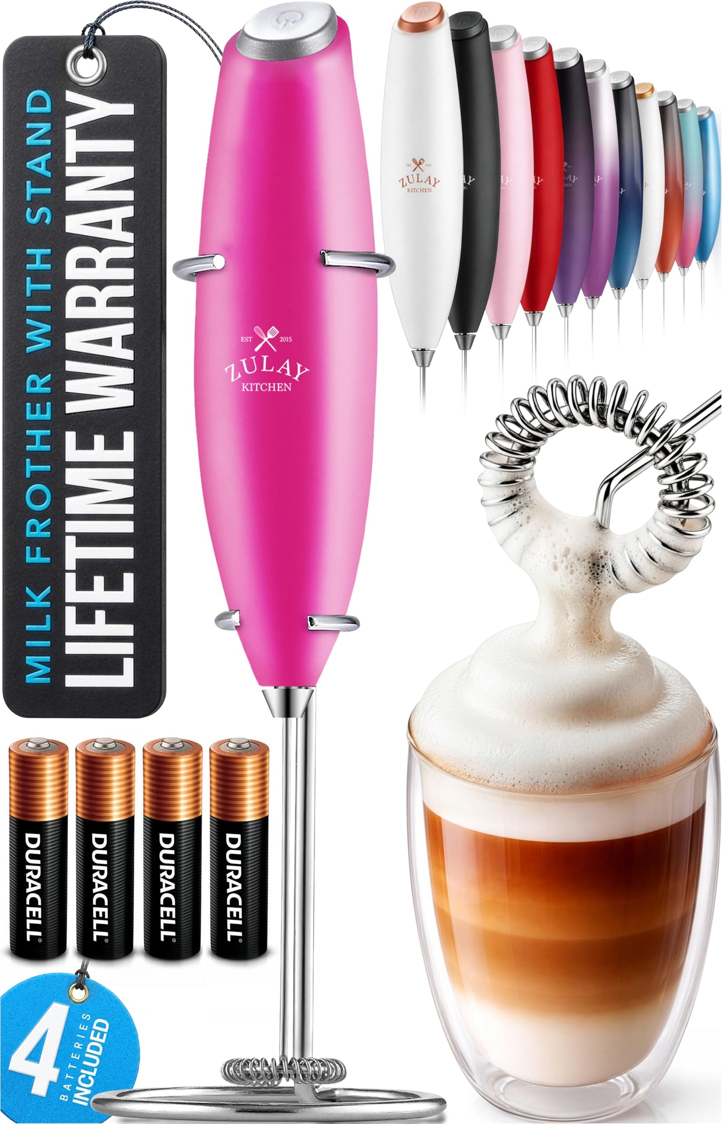 Zulay Kitchen Powerful Milk Frother Wand With 2 Duracell Batteries - Ultra Fast Handheld Drink Mixer - Electric Whisk Foam Maker for Coffee, Lattes, Cappuccino, Matcha, Hot Chocolate & Creamer - Black