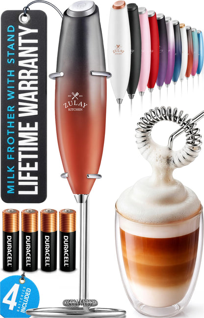 Zulay Kitchen Powerful Milk Frother Wand With 2 Duracell Batteries - Ultra Fast Handheld Drink Mixer - Electric Whisk Foam Maker for Coffee, Lattes, Cappuccino, Matcha, Hot Chocolate & Creamer - Black