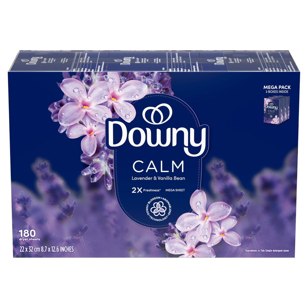 Downy CALM, Mega Dryer Sheets, Laundry Fabric Softener, Lavender and Vanilla Bean, 130 Count