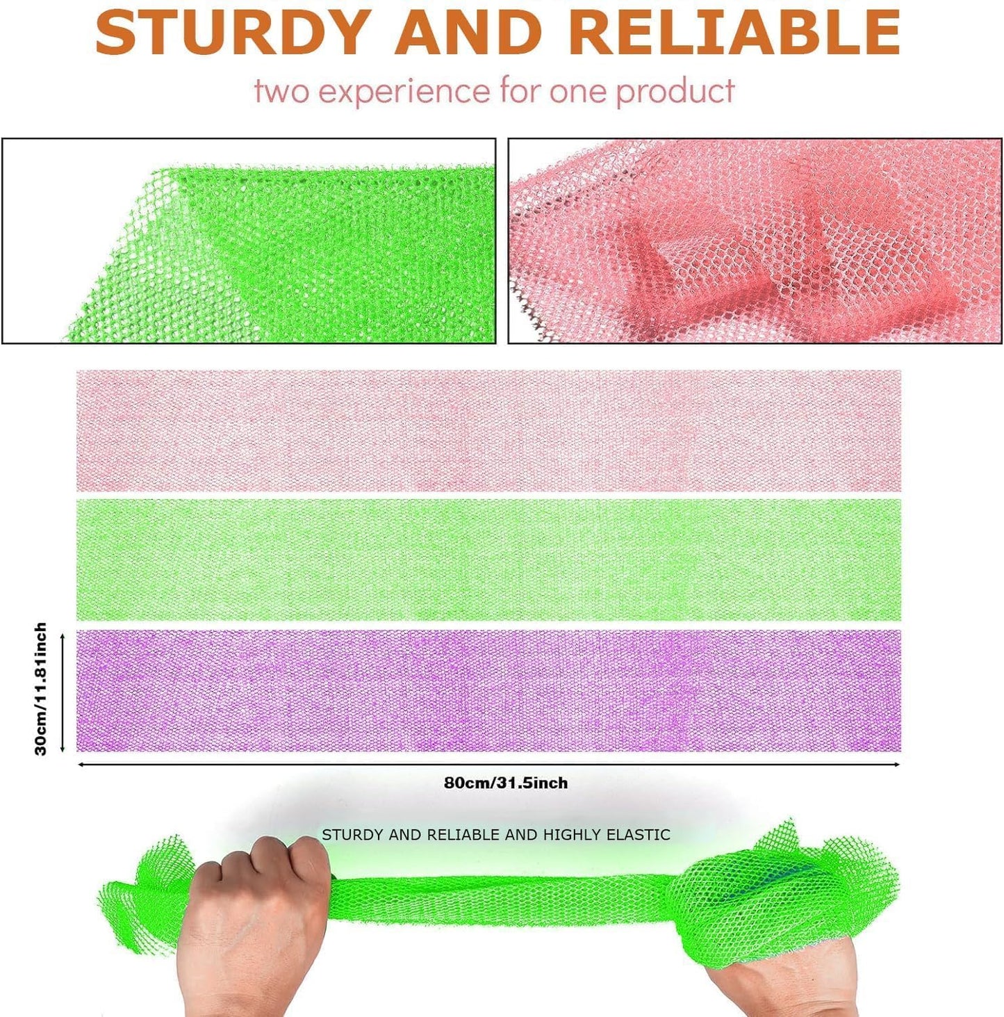 UJFQBH 3 Pieces African Bath Sponge African Net Long Net Bath Sponge Exfoliating Shower Body Scrubber Back Scrubber Skin Smoother,Great for Daily Use (Pink,Yellow,Purple)