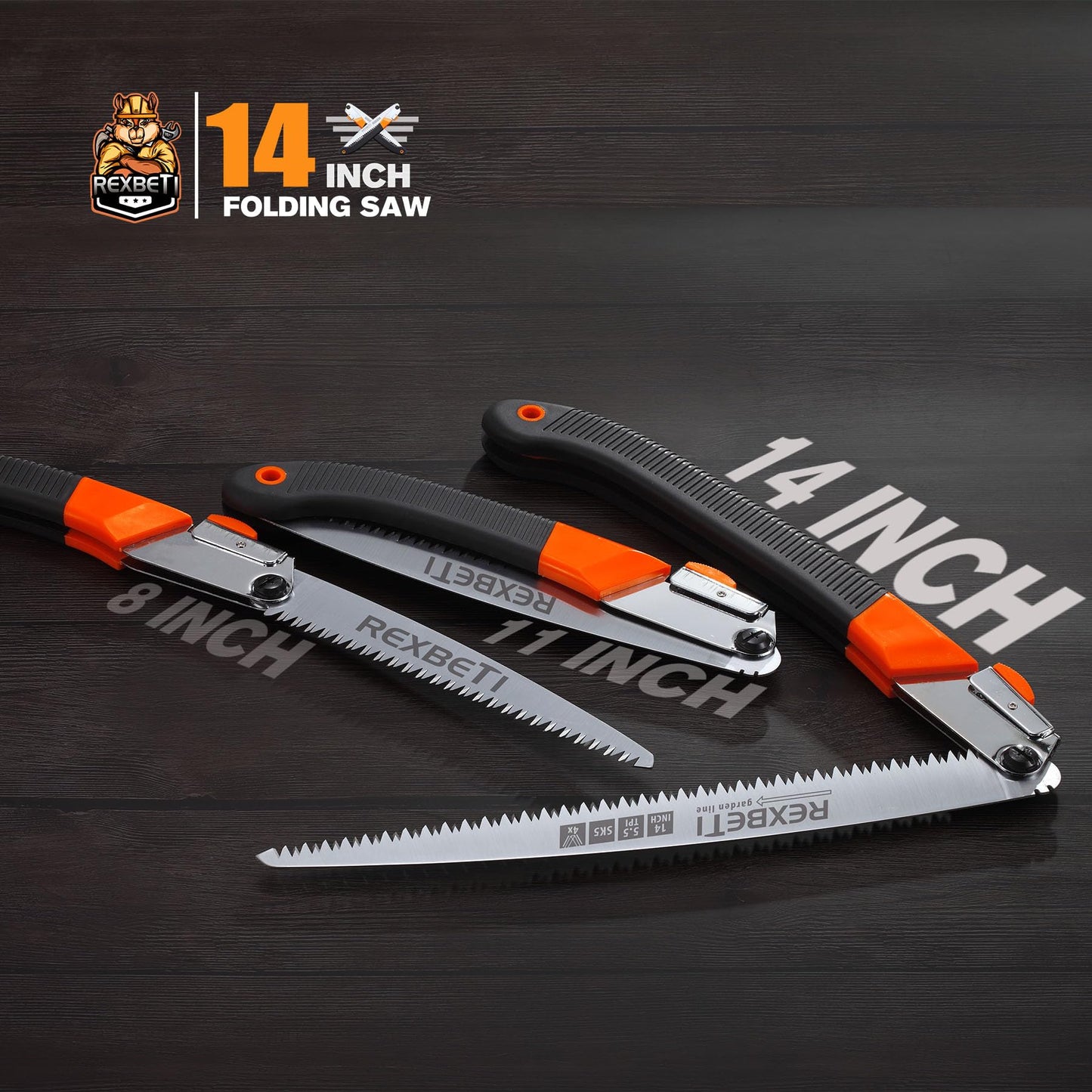 REXBETI Folding Saw, Extra Long 14 Inch Blade Backpacking Saws for Hiking Camping, Dry Wood Trimming Pruning Saw With 4 Cutting Angle Hard Teeth, Large Garden Saws with SK-5 Steel