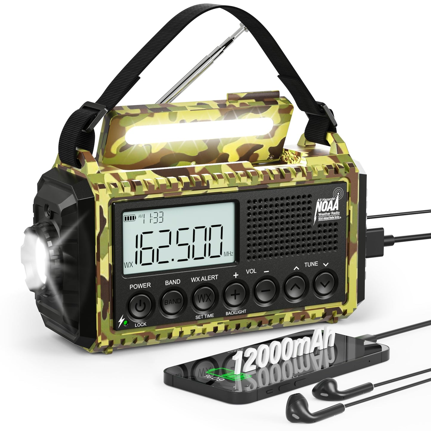 Auto NOAA Emergency Weather Radio, Solar Hand Crank Radio,Portable Battery Operated Emergency Radio with AM FM Shortwave,USB Charger,LED Flashlight,Clock, SOS Alert for Home Outdoors Camping Survival