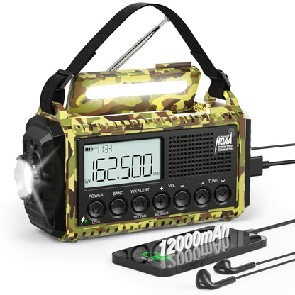Auto NOAA Emergency Weather Radio, Solar Hand Crank Radio,Portable Battery Operated Emergency Radio with AM FM Shortwave,USB Charger,LED Flashlight,Clock, SOS Alert for Home Outdoors Camping Survival