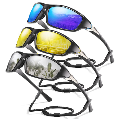 3 Pack Polarized Sports Sunglasses for Men, Mens Sunglasses Wrap Around UV400 Protection for Cycling Fishing Driving