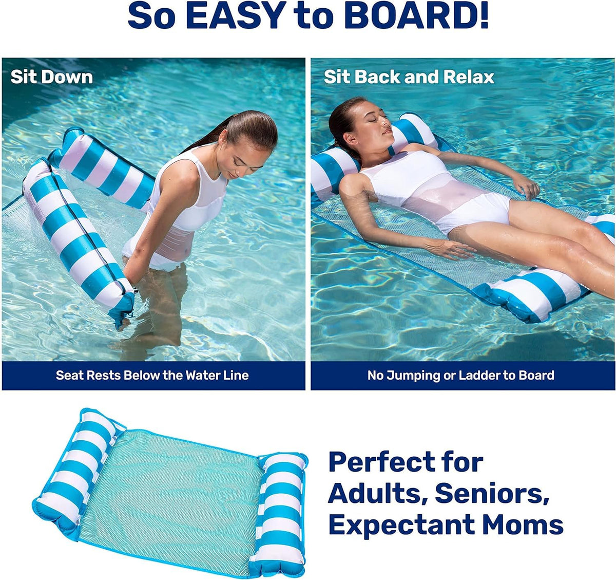 Aqua 4-in-1 Monterey Hammock Pool Float & Water Hammocks – 2-3-4 Multipacks – Multiple Colors/Styles – for Adults and Kids Floating