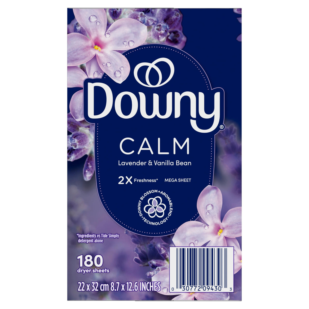 Downy CALM, Mega Dryer Sheets, Laundry Fabric Softener, Lavender and Vanilla Bean, 130 Count