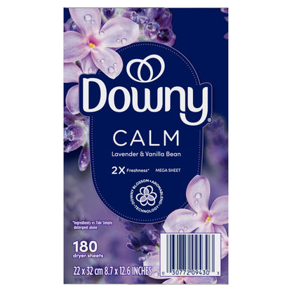 Downy CALM, Mega Dryer Sheets, Laundry Fabric Softener, Lavender and Vanilla Bean, 130 Count