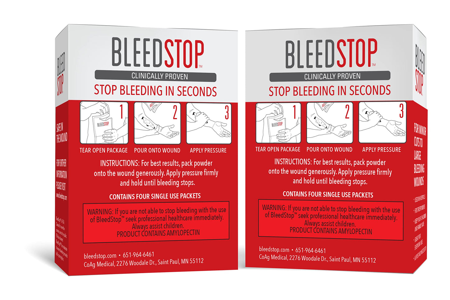 BleedStop™ First Aid Powder for Blood Clotting, Trauma Kit, Blood Thinner Patients, Camping Safety, and Survival Equipment for Moderate to Severe Bleeding Wounds or Nosebleeds - 4 (15g) Pouches