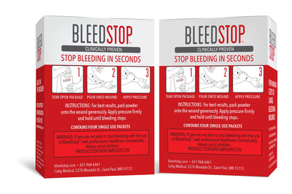 BleedStop™ First Aid Powder for Blood Clotting, Trauma Kit, Blood Thinner Patients, Camping Safety, and Survival Equipment for Moderate to Severe Bleeding Wounds or Nosebleeds - 4 (15g) Pouches