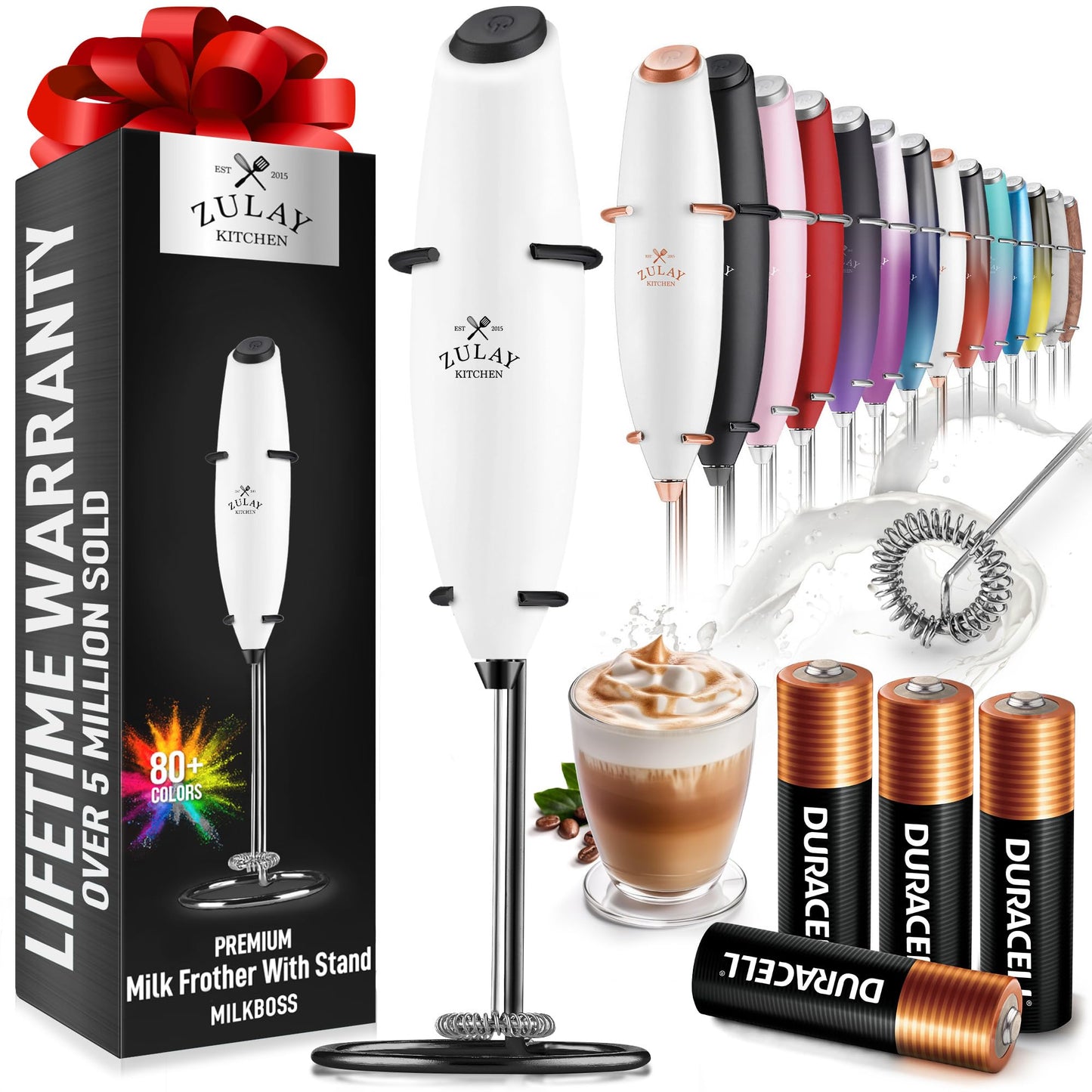 Zulay Kitchen Powerful Milk Frother Wand With 2 Duracell Batteries - Ultra Fast Handheld Drink Mixer - Electric Whisk Foam Maker for Coffee, Lattes, Cappuccino, Matcha, Hot Chocolate & Creamer - Black