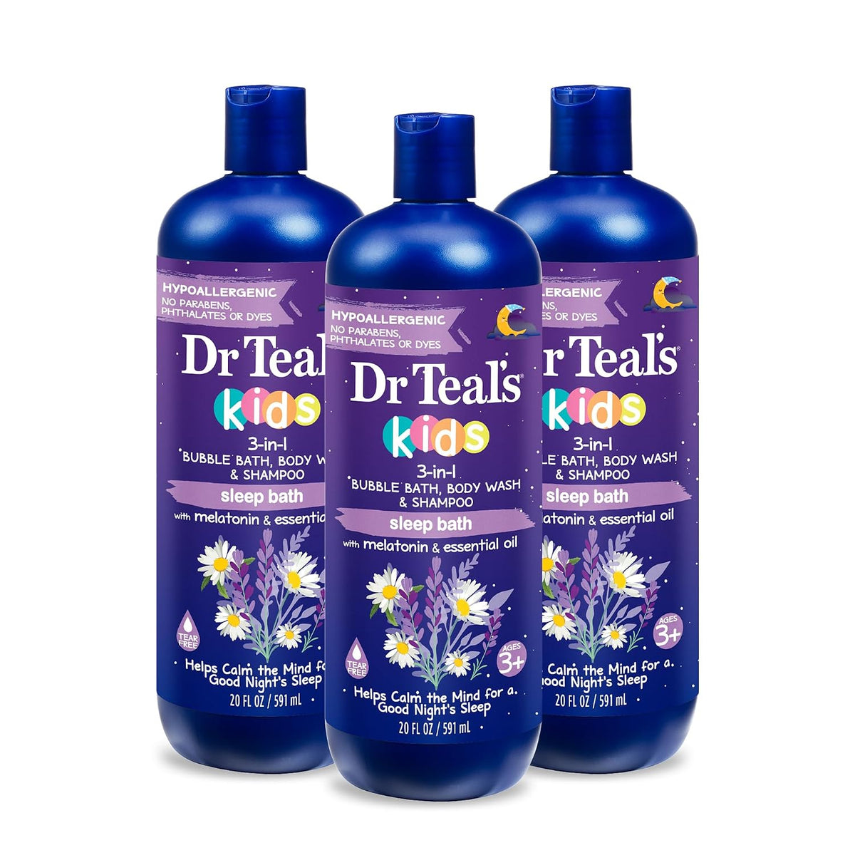 Dr Teal's Kids 3-in-1 Sleep Bubble Bath, Body Wash & Shampoo with Melatonin & Essential Oil, Lavender Scent, 20 fl oz (Pack of 3)